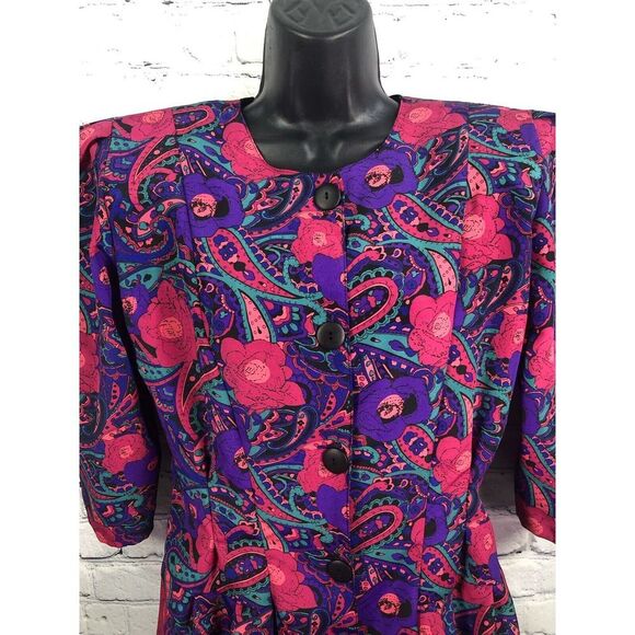 vtg 80's Our's multicolor purpuple pink button front shift dress sz 10 - Picture 5 of 7